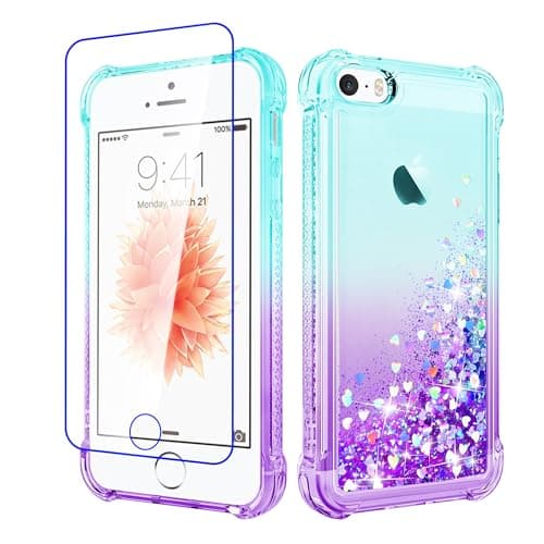 Image of Pilaru for iPhone SE 2016(1st),iPhone 5/5S Case Clear Liquid Heart Lovely Glitter Soft TPU Cover Transparent Girly Protective Phone Case for iPhone SE (1st Gen),Green-Purple