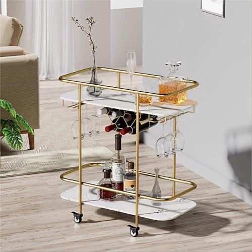 Image of DAWNYIELD 2 Tier Drinks Trolley, Mobile Bar Serving Cart, Bar Cart on Wheels with Wine Rack and Glass Holder, Storage Trolley on Wheels, Indoor/Outdoor Rolling Home Bar for Garden Kitchen Party, Gold