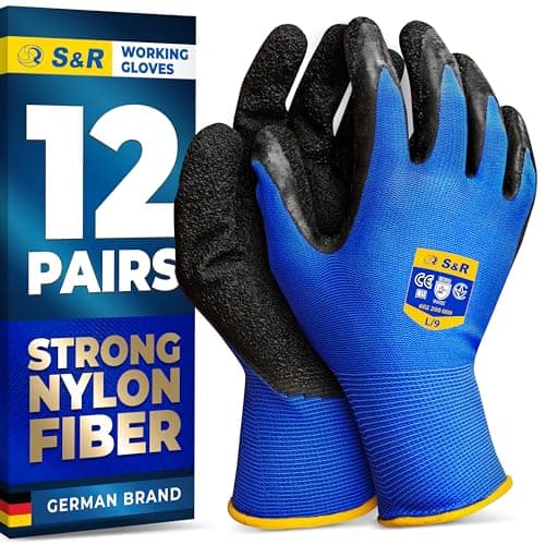 Image of S&R Work Gloves – 12 Pairs, Size L/9, Latex-Coated Nylon Protective Gloves for Indoor & Outdoor Use