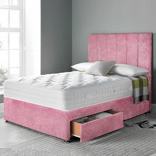 Image of DBZ BEDS 5 FT King Size Bed Set with 2000 Series Mattress - Pink Crushed Velvet Divan Bed Set with Versatile Storage Options – 6 Panel Headboard with Chrome Glider Feet (King)