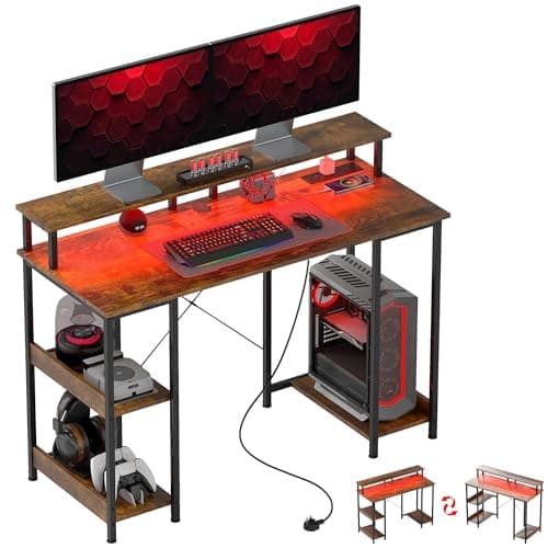 Image of HOMCOM Computer Desk with Power Outlets and LED Lights, 120 x 50cm Reversible Home Office Desk with Monitor Stand and 2-Tier Storage Shelves, PC Table with Cable Management, Rustic Brown