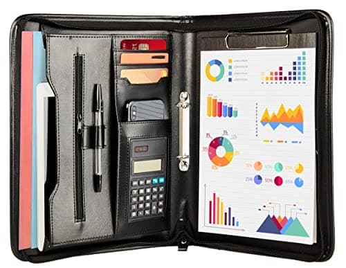 Image of Zippered Conference Folder Business Padfolio by Tassia - A4 Portfolio Folder with Zipper - PU Leather 2-Ring Binder with Clipboard, Gusseted Storage Pocket, and Document Holder Case