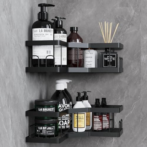 Image of AceMining Shower Caddy, 2 Pack Black Bathroom Shelves, Adhesive Shelf Storage No Drilling, Carbon Steel Shower Organiser, Rust-Resistant Caddy Corner, Soap Holder, Bathroom Accessory