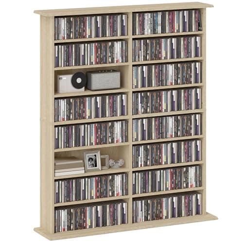 Image of HOMCOM 720 CD/396 DVD Storage Unit, 396 Blu-ray Media Storage Shelf with 16 Compartments and 12 Adjustable Shelves, CD Tower for Living Room, Bedroom, Office, Nature Wood Finish