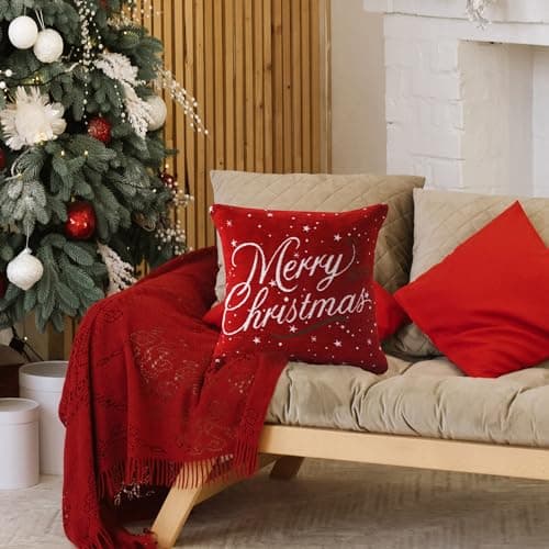 Image of La Maison Christmas Soft Cotton Chenille Tapestry Cushion Cover Xmas Festive Scatter Cushions Nordic Santa Reindeer Stag Snowman (Merry Christmas Red, 1 x Cushion Cover Only)
