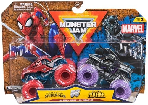 Image of Monster Jam, Marvel Official Spider-Man Vs. Black Panther Die-Cast Monster Trucks, 1:64 Scale, Kids’ Toys for Boys and Girls Aged 3 and up