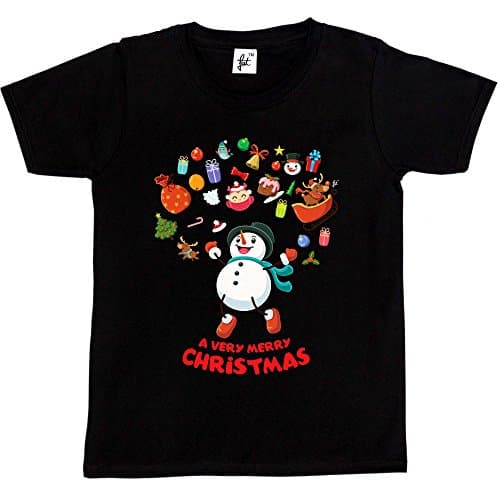 Image of Fancy A Snuggle Merry Christmas Snowman Jumping for Joy Sack of Gifts Xmas Tree Holly Kids Boys/Girls T-Shirt Black 3-4 Year Old