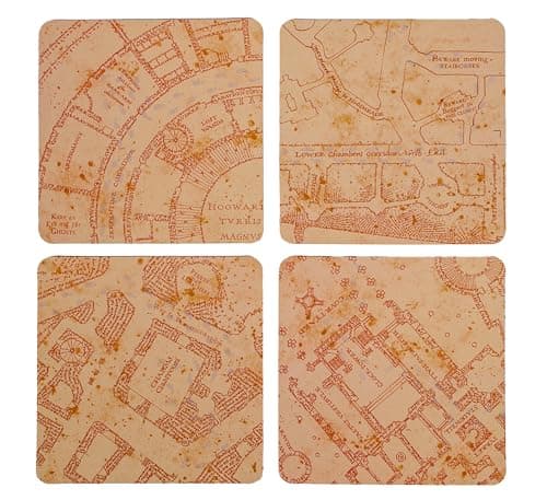 Image of Harry Potter Marauder's Map Heat Change Coaster Set – 4-Pack Magical Drink Mats, Colour-Changing Gift for Fans, Home or Office Use