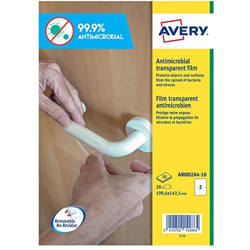 Image of Avery Antimicrobial Film, clear film labels for desks, books and touchscreens, 199.6 x 143.5mm 2 labels per A4 sheet, 10 sheets per pack AM002A4