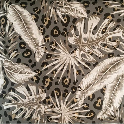 Image of YöL Tropical Leopard Choc Wallpaper - Animal Print Botanical Leaves - 10.05m x 53cm Roll - Paste The Wall Washable - Feature Statement Wall - Taupe Grey Monstera - Bedroom Living Room Lounge