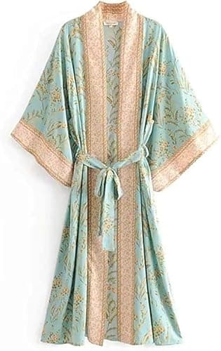 Image of YeGang Women's Kimono Dressing Gown Floral Beach Cardigan Long Kimono Robe Bikini Cover Silk Satin Nightwear Pyjamas Bathrobe (Green,L)
