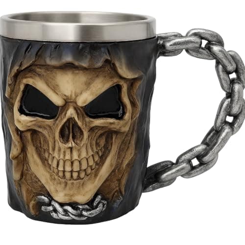 Image of JRose Collections Gothic Skull Tankard Mug 475ml with Stainless Steel Inner, Chain Handle Beer Mug, Resin Skull Design Cup for Coffee Ale Bar Decor Biker Gift JR5015