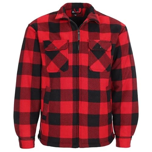 Image of FORT Portman Shacket - Size Large, Red - Warm Tartan Lumberjack Jacket Shirt with Sherpa Lining & Quilted Sleeves - Cosy & Durable Double Layered Fleece - for Cold Weather, Outdoor, Workwear