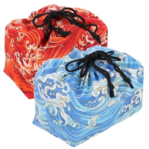 Image of Kichvoe 2pcs Drawstring Lunch Bags for Food and Breakfast with Large Capacity, Handy High Strength Cloth Material, Lightweight Japanese Style Decorative Design, for Home Kitchen and Picnic