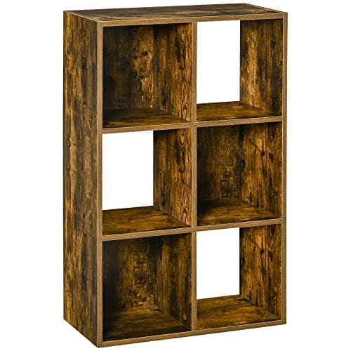 Image of HOMCOM Industrial Style Storage Shelf, Bookcase, Bookshelf with 6 Compartments, Freestanding Shelving Unit for Living Room, Home Study, Rustic Brown
