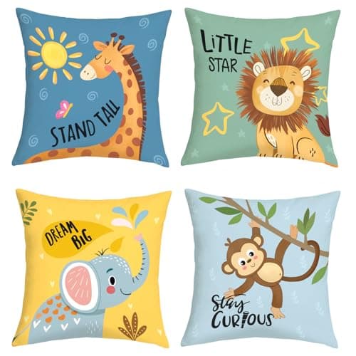 Image of Joymaison Cartoon Animals Cushion Covers 50 x 50 Pack of 4 Baby Elephant Giraffe Lion Monkey Square Throw Pillow Case Nursery Home Decor for Kids Toddlers Teens Sofa Cushion with Invisible Zipper