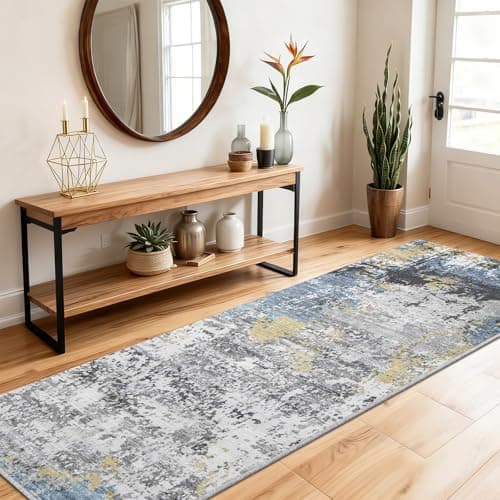 Image of SOANNY Runner Rug, 60x180 cm Abstract Low Pile Carpet, Non-Slip Washable Area Mat for Bedroom, Hallway, Kitchen, Laundry, Entryway, Utility, Beside Sofa, Office, Blue Gold