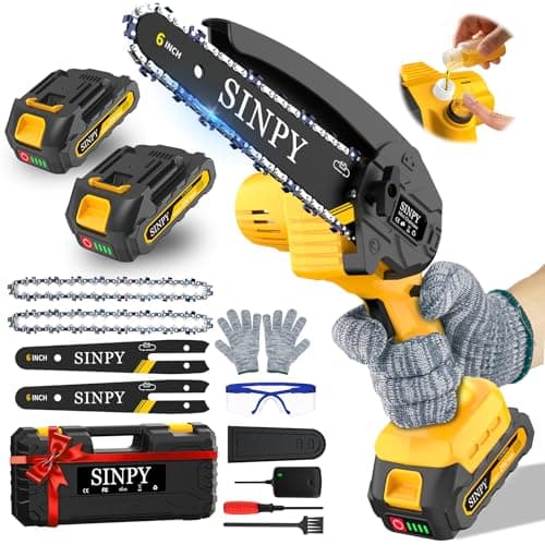 Image of SINPY Mini Chainsaw Cordless, 6 Inch Electric Power Chain Saw with 2 Batteries & 2 Chains, Small Chainsaw with Safety Lock for Tree Trimming, Garden, Wood Cutting Gift for Men Dad Husband Fathers 2025