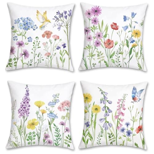 Image of Bonhause Spring Floral Cushion Covers 45 x 45 cm Flowers Birds Decorative Pillow Covers Soft Velvet Pillowcases for Sofa Bed Garden Patio Decor Set of 4