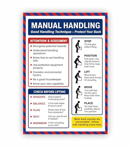 Image of Safe Manual Handling High Gloss Self-Adhesive Sign / A4 Size / 1-Pack Wipe Clean/Weatherproof/Workplace Health & Safety Signage /