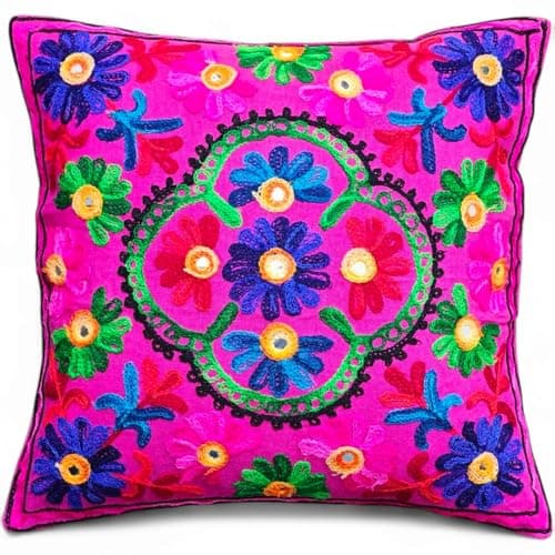 Image of Original Kikan Suzani Multi Colour Floral Embroidery 16"x16" 40 x 40 cm Indian Ethnic Cushion Cover Takiya Sofa pillow Zipper Back (PINK)
