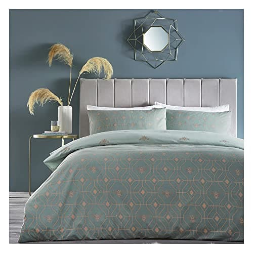 Image of furn. Bee Deco Duvet Cover Set - Honeycomb Geometric Bumble Bee Reversible Bedding (Eau De Nil - Single)