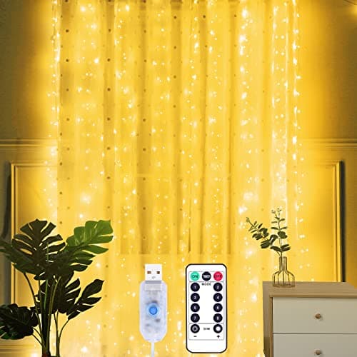 Image of Yizhet Curtain Lights 3m x 2m, 200 LED Curtain Fairy Lights, 8 Modes, Warm White, USB Powered with Remote Control & Timer, IP65 Waterproof for Christmas Wedding Party