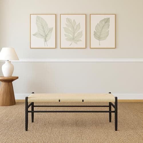 Image of Nicholas Winter Wooden Dining Bench - Black/Natural Woven Rope Seat - 120cm Mid-Century Modern Scandinavian Style - Durable Seating for Dining Room Hallway Office Café