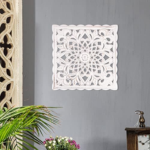 Image of Jetcloud Wooden Wall Decor 30cm Hollow Carved Panel Hanging Decor Rustic Floral Wall Art Sculpture Ornament for Home Hallway Bedroom Living Room Cafe Office (Square)