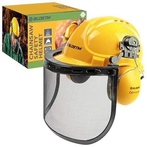 Image of BLOSTM Yellow Chainsaw Helmet with Visor, Safety Helmet with Integrated Earmuffs and Steel Mesh Visor