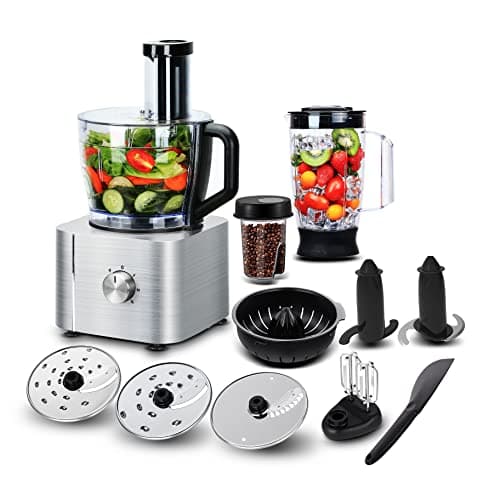 Image of Food Processor, TopStrong 11-in-1 food processor and blender with Chopping Blending Kneading Grinding Whisking Juicing, 1100W, 3 Speeds Plus Pulse, 3.2 L Bowl and 1.5L Jug Blender, Color Silver