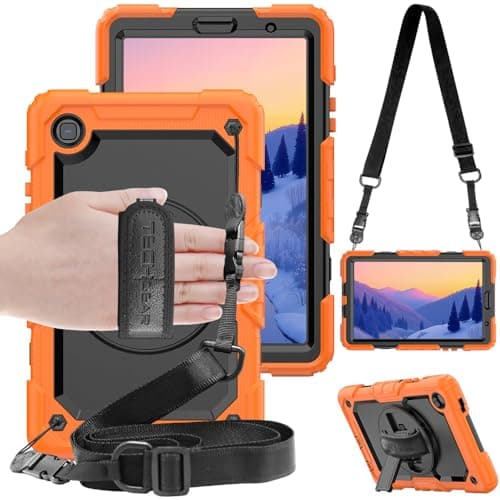 Image of TECHGEAR UTILITY Case fits Samsung Galaxy Tab A7 Lite 8.7" (SM-T220 / SM-T225) Tough Rugged HEAVY DUTY Armour Shockproof Impact Case with 360 Rotating Stand, Hand Strap and Shoulder Strap -Orange