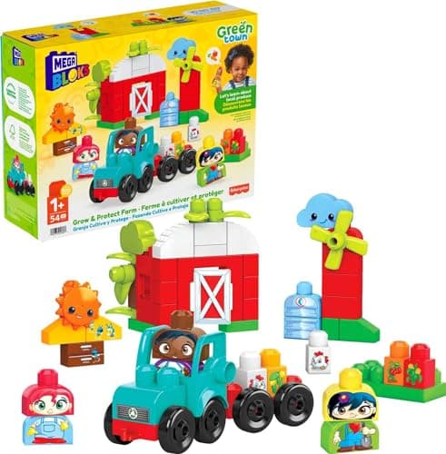 Image of MEGA BLOKS Fisher-Price Toddler Building Blocks, Green Town Grow & Protect Farm with 51 Pieces, 3 Figures, Kids Age 1+ Years, HDL07