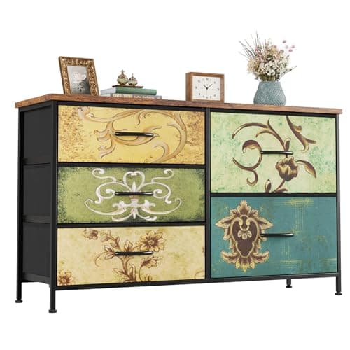 Image of Nicehill Dresser for Bedroom with 5 Drawers, Storage Organizer, Wide Chest of Drawers for Closet, Clothes, Kids, Baby, TV Stand, Wood Board, Fabric Drawers(Retro Prints)