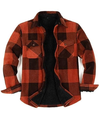Image of ZENTHACE Flannel Shirt Jacket for Men Sherpa Fleece Lined Flannel Shacket Jackets Winter Button Up Overshirt Buffalo Plaid Brown L