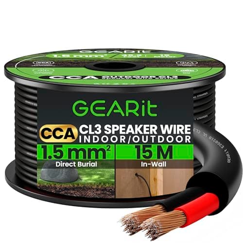 Image of GEARit 2x1.5mm² Speaker Cable, CL3 In-Wall Rated CCA Speaker Wire, 16AWG 2 Core Audio Cable for Home Cinema, Outdoor Direct Burial, Garden Speakers and Car Stereo- 15M, Black