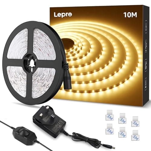 Image of Lepro LED Strip Light Warm White 10M, 2000lm Dimmable LED Taple, 24V UK Plug in LED Strip with Dimmer Switch, 3000K Flexible Stick-on LED Lights for Bedroom, Kitchen, Cupboard, Shelf (1 Roll)