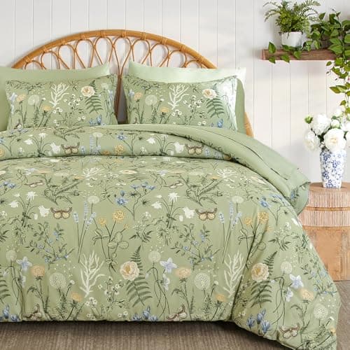 Image of WONGS BEDDING King Size Duvet Cover Set 3 Piece, Sage Green Floral Bedding Set, Quilt Cover with Botanical Flowers Patterns, Soft Brushed Microfiber Bedding Cover with 2 Pillowcased, 230x220 cm
