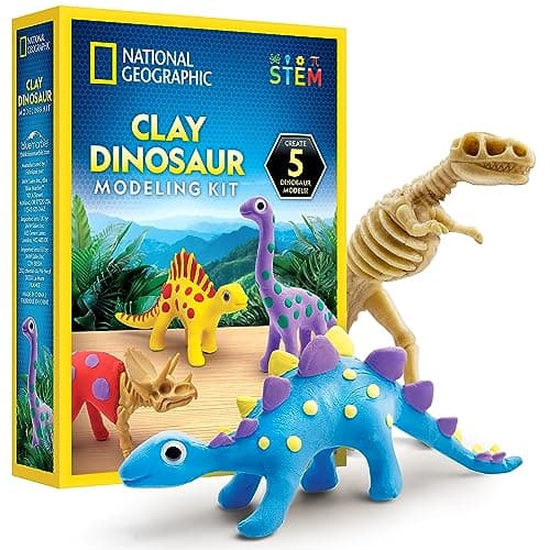 Image of NATIONAL GEOGRAPHIC Clay Dinosaur Craft Kit – Dinosaur Arts & Crafts for Kids with 5 Colors of Air Dry Clay, 5 Dino Skeletons, Googly Eyes, Sculpting Tool, STEM Activity for Boys & Girls