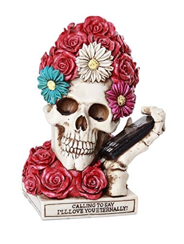 Image of Pacific Trading Calling to Say I'll Love You Eternally Floral Skull with Phone Figurine Skeleton