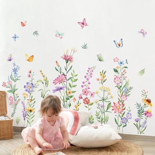 Image of Supzone Garden Flower Wall Stickers Large Watercolor Wildflower Daisy Floral Butterflies Wall Decals for Girls Bedroom Living Room Home Office Wall Decor