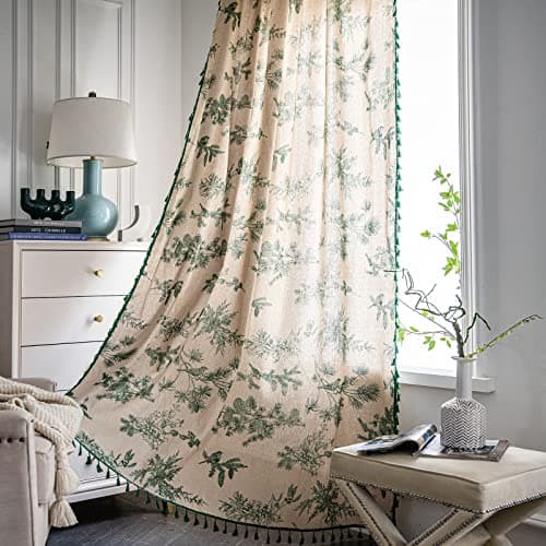 Image of Boho Curtains with Tassel Bohemian Green Semi-Blackout Drapes 84 Inch Length Cotton Linen Farmhouse Window Curtain Panels Floral Pattern Rod Pocket Curtain for Living Room Bedroom, 2 Panel