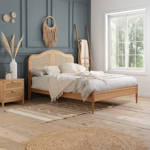 Image of happybeds Oak Rattan Bed, Leonie Oak Rattan Low Foot End Bed Double, King Size or Super King Size (4ft6 Double)