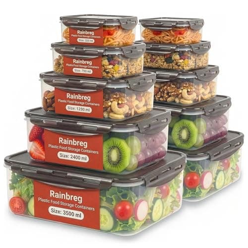 Image of Rainberg Food Storage Containers - 20 Pieces (10 containers & 10 Lids) Leak Proof, Airtight Food Containers with Lids, Stackable, Freezer, Microwave & Dishwasher Safe (Grey)