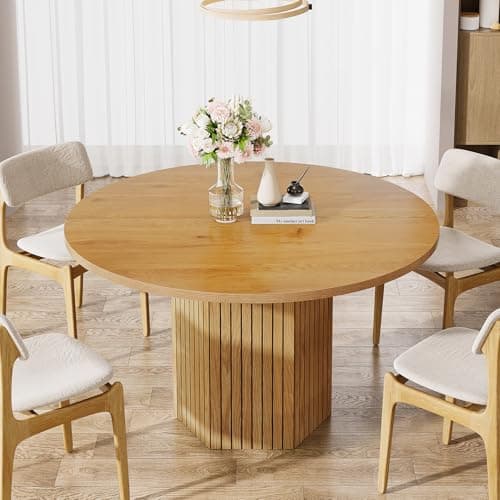 Image of Tribesigns 120cm Oak Round Wood Dining Table for 4-6 People, Farmhouse Circle Kitchen Table with Heavy Duty Pedestal Base Circle Oak Tabletop for Kitchen Living Room, Natural Oak