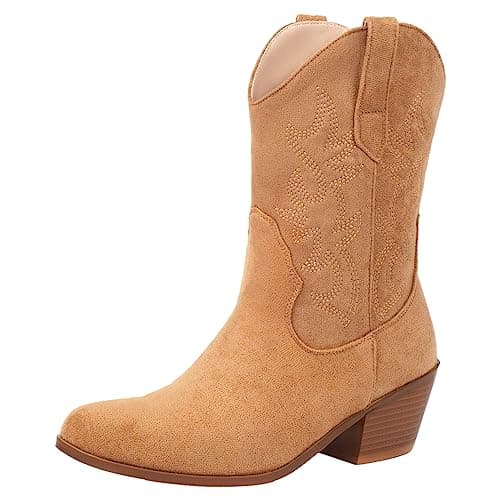Image of rismart Women Western Cowboy Boots Mid Calf Embroidered Cowgirl Shoes Tan,3 UK