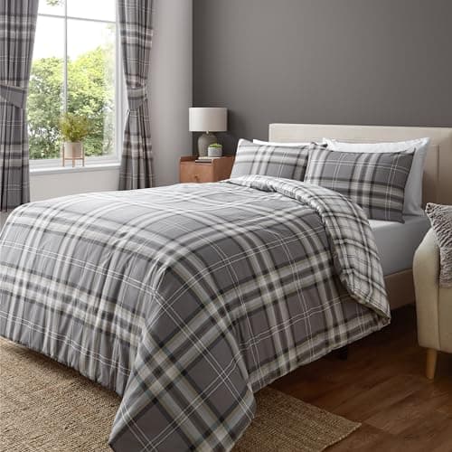Image of Catherine Lansfield Kelso Check Reversible Single Duvet Cover Set with Pillowcase Charcoal Grey