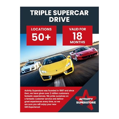 Image of Activity Superstore Triple Supercar Drive Gift Voucher – Ferrari, Lamborghini, Aston Martin & More – Available at 50+ UK Locations – 18 Month Validity – Unforgettable Gift Experience & Driving Gifts