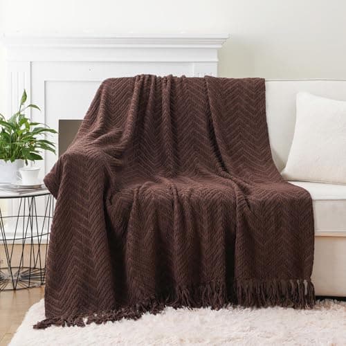 Image of Battilo Dark Brown Throw Blanket for Couch, Knit Woven Bed Blanket with Tassels, Super Soft Warm Decorative Brown Throw for Bed Sofa Chair and Living Room, 125cmx150cm