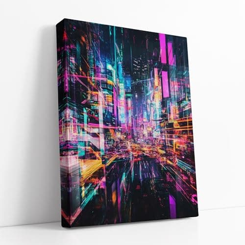 Image of Lithobee - Futuristic Cyberpunk Cityscape with Neon Lights - Digital Canvas Art Canvas Only 24x18inch(64x48cm) - Style No: 106